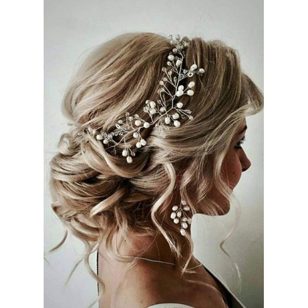 fxmimior Bride Pearls Crystal Headband Wedding Hair Accessories Crystal Hair Vine Headband Wedding Evening Party Hair Piece for Women and Girls（gold ）（earrings&headband）
