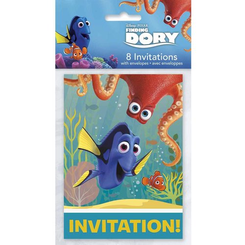 Finding Dory Nemo Birthday Party Supplies Decoration Bundle includes 16 Party Invitations, 16 Party Blowouts, 1 Plastic Door Poster, 1 Happy Birthday Banner, 24 Tattoos, 6 Printed Dory Latex Balloons