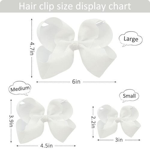 Hair Bows for Girls Alligator Clips White Grosgrain Ribbon Solid Color Hair Accessories for Little Teen Toddler Girls Kids (6inch ×2, 4inch ×2, 3inch ×2)