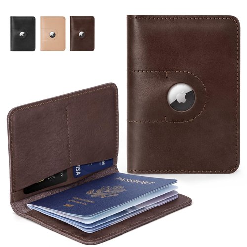 ALLIVE Genuine Leather Passport Holder Women Men, Passport Wallets with Airtag Slot, Travel Must Haves Airport Essentials, Passport Cover Case Travel Gifts(Brown)