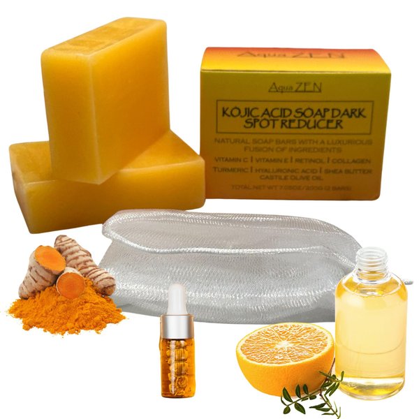 Aqua ZEN Kojic Acid Soap Dark Spot Remover with Turmeric, Vitamin C+E, Retinol, Collagen - (2) Bars X 3.5OZ EA+Soap Net - Premium Compound Infused w/Hyaluronic Acid, Shea Butter, Castile Olive Oil