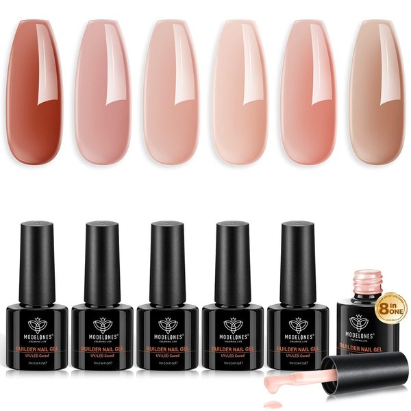 modelones Builder Nail Gel, 6 Colors Gel Builder for Nails 8-in-One, Red Pink Nude Hard Gel Builder Extension Color Gel Nail Strengthener LED Nail Lamp Cured Base Gel Nail Glue Gel in a Bottle