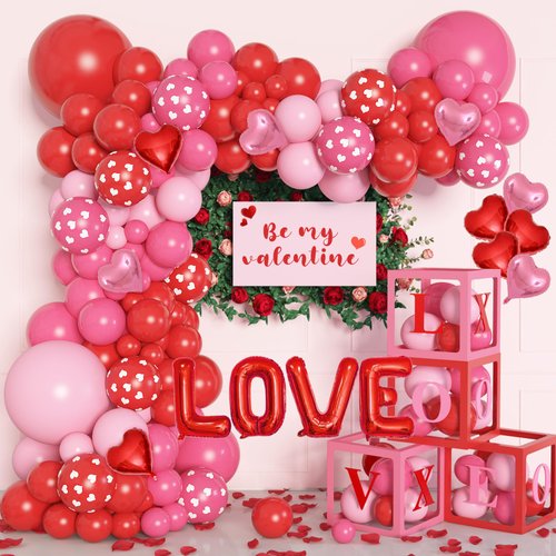 Ouddy Life Valentines Day Balloons Arch Garland Kit, 164Pcs Pink Red Valentines Party Decorations 4Pcs Balloon Boxes with Letters XOXO LOVE Foil Balloon for Women Girls Engagement Wedding Supplies