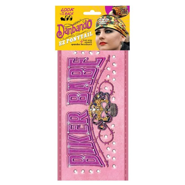Danbando Headband Head Wrap Bandanna Pink Biker Babe with Sugar Skull and Rhinestones 4 Way Stretch Optional Pony Tail Hole Sweatband