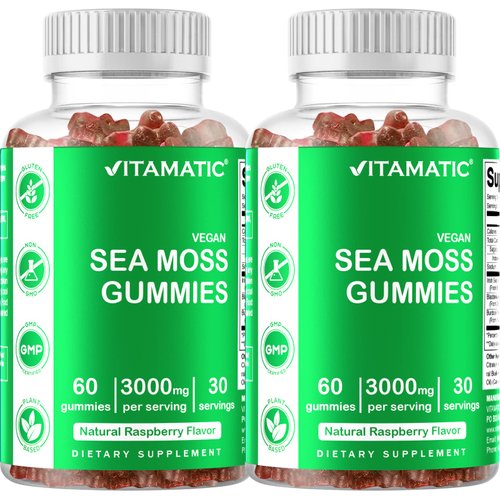 Vitamatic 2 Pack Irish Sea Moss Gummies - 3000 mg - 60 Vegan Gummies - Made with Bladderwrack & Burdock Root - Seamoss Supplement for Thyroid, Energy, Immune Support