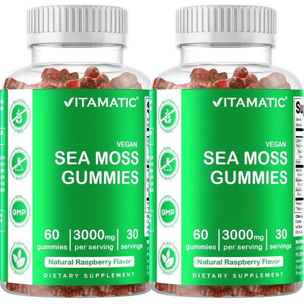 Vitamatic 2 Pack Irish Sea Moss Gummies - 3000 mg - 60 Vegan Gummies - Made with Bladderwrack & Burdock Root - Seamoss Supplement for Thyroid, Energy, Immune Support
