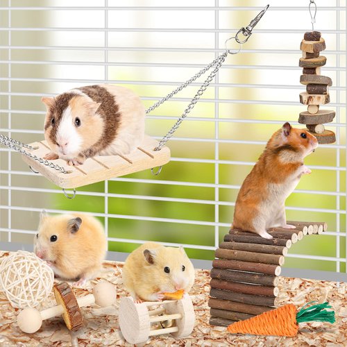 Hamster Chew Toys Set Small Animal Molar Toys Teeth Care Wooden Accessories for Guinea Pigs,Chinchillas,Gerbils,Mice,Rats,Mouse Rodents Toy Swing Seesaw Bridge (Wood)