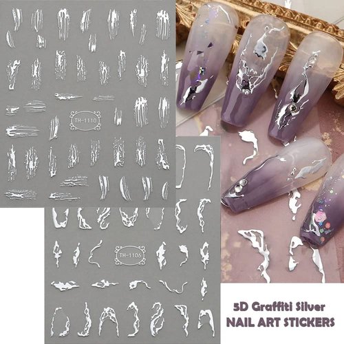 9 Sheets Metallic Silver Nail Art Stickers 3D Gold Silver Irregular French Stripe Line Nail Decals Self-Adhesive Marble Nail Art Stickers for Women Girls Nail DIY Decoration Nail Accessories