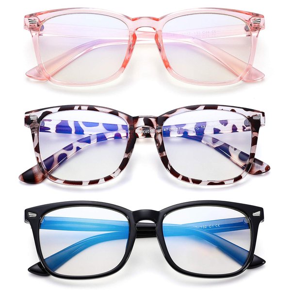 COASION Blue Screen Glasses for Kids Age 3-12, 3 Pack Blue Light Blocking Glasses for Girls Boys, Computer Gaming Fake Eyeglasses (Leopard + Clear Pink + Black)