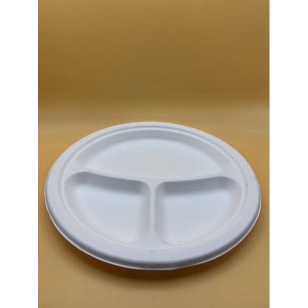 9" 3-Compartment Compostable Plate Sugarcane Fiber Eco Friendly Heavy Duty for Daily Meals (300)