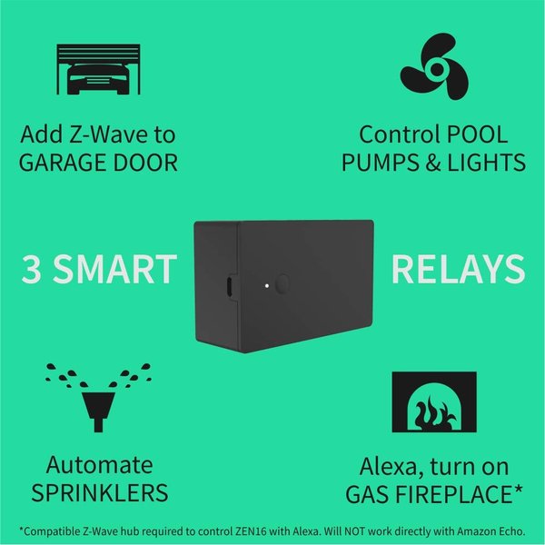 Zooz Z-Wave Plus S2 MultiRelay ZEN16 VER. 2.0 for Garage Doors, Sprinklers, Gas Fireplace; 3 Dry Contact Relays (15A, 15A, 20A); 12-24 V AC/DC or USB C Power; Signal Repeater; Hub Required