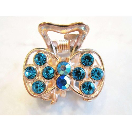 Jeweled antique gold bow shaped hair claw clip with crystals (Primary color: Blue (only 1 left))