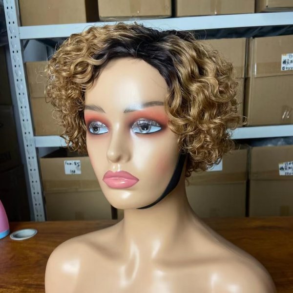 Iianaebeh Short Curly Human Hair Wigs for Black Women, Side Part Wig, Pixie Cut Brazilian Remy Human Hair, Deep Curly None Lace Front Ombre Blonde Wigs (T30)