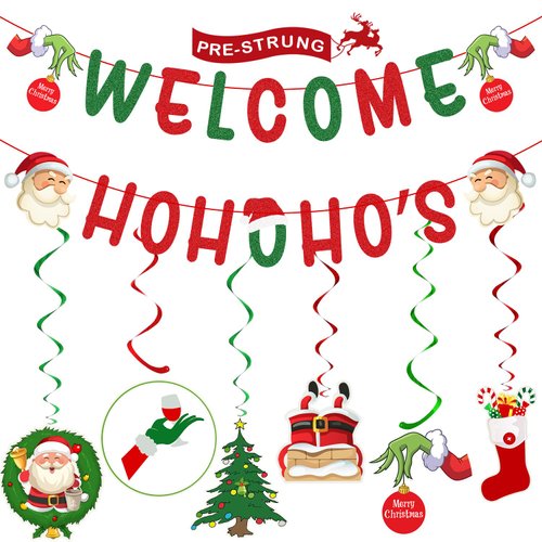 Christmas Decorations – Glittery Welcome Hohoho's Banner, Hanging Swirls with Christmas Ornaments for Christmas Decorations Indoor Outdoor, Christmas Decor, Christmas Party Decorations