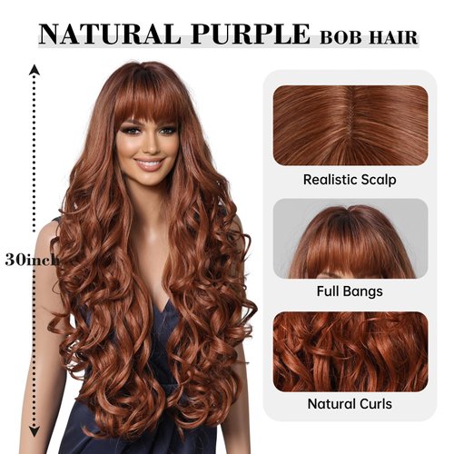 testar Auburn Wigs for White Women Long Wavy Reddish Brown Wig Long Curly Wigs With Bangs Heat Resistant Synthetic Wigs for Daily Party Wear 30 IN