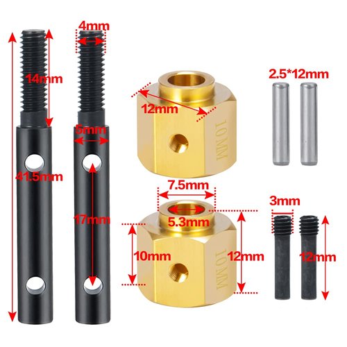 RCLIONS Brass Extended Wheel Hubs Hex +10mm with Steel Stub Axle for Axial SCX10-III AXI03007 Wrangler 1/10th RC Crawler Car