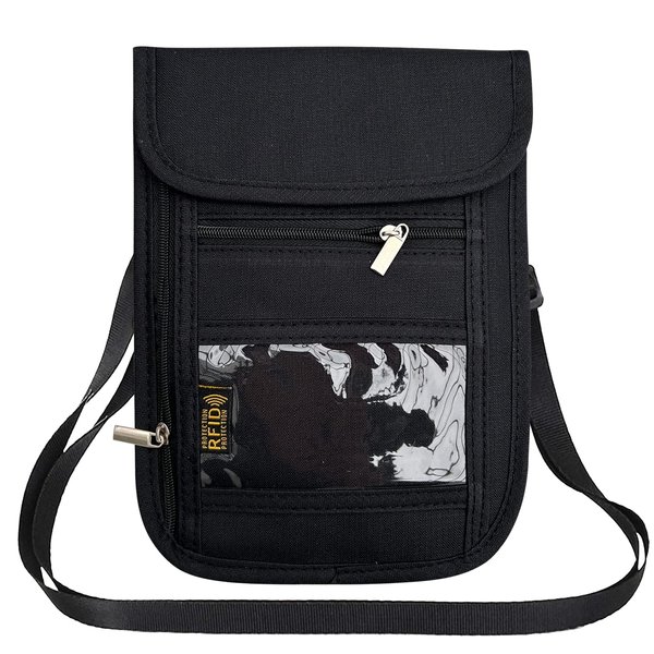 RFID Blocking Travel Neck Wallet Pouch and Passport Holder, Travel Neck Pouch Passport Holder for Women & Men - Black