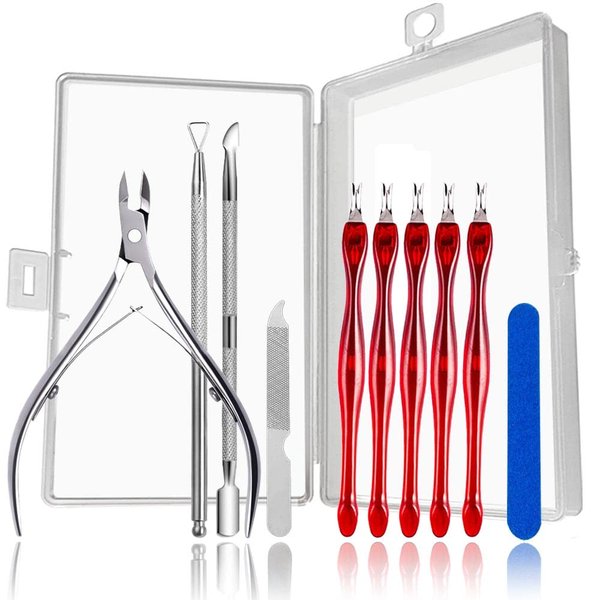 Cuticle Trimmer,Cuticle Nippers with Cuticle Pusher,Cuticle Clippers Scraper,Stainless Steel Nail File,5 pcs Nail Cuticle Knifes, 10 in 1 Nail Cuticle Remover Cutter Dead Skin Remover with Box