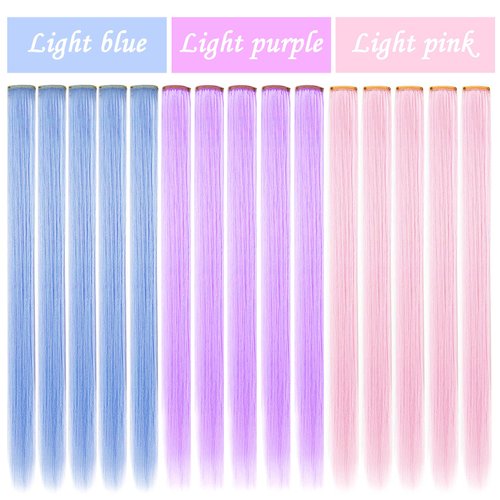 SARARHY Colored Hair Extensions Clip in for Girls and Kids 21inch Party Highlights Straight Multicolored Long Hairpiece Costume Accessories 12 PCS (Light blue,Light pink,Light purple)