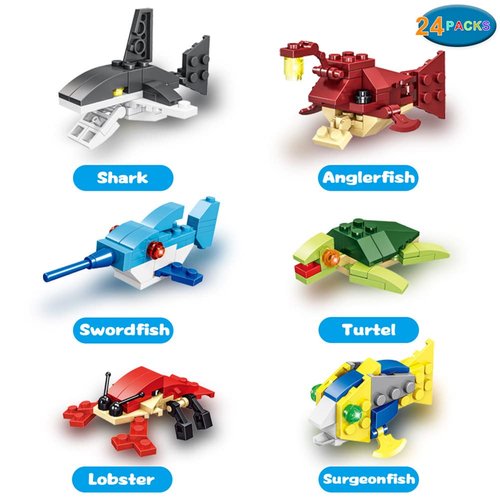 WODMAZ Valentines Day Cards with Sea Animal Building Blocks, 24 Packs Valentine Gift Ocean Building Toys Set for Kids Classroom Party Favor, Valentine Gift Exchange, Valentine's Greeting Cards