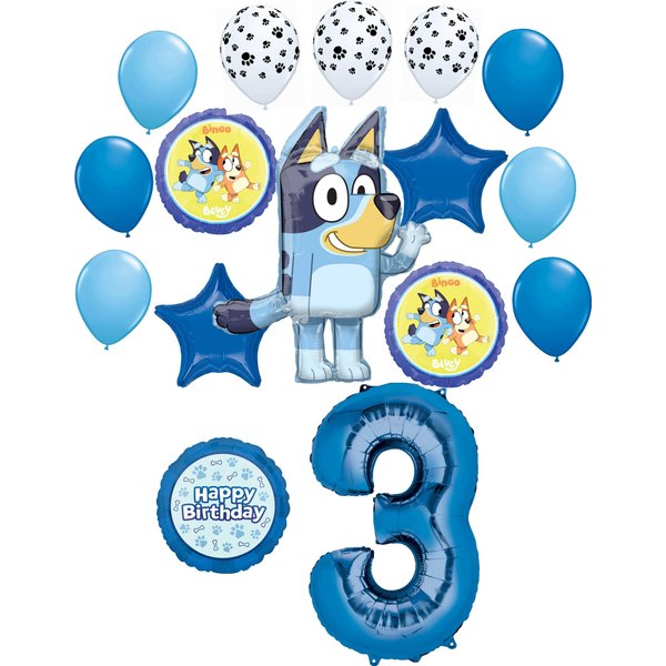 Anagram Bluey 3rd Birthday Party Supplies Bingo Foil and Latex Balloon Bouquet Decorations 16pc