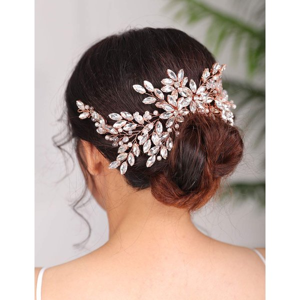 Denifery Rose Gold Bridal Hair Comb Sparkly Rhinestones Wedding Hair Comb Pearl Bridal Headpiece Rose Gold Hair Accessories for Women and Girls (Rose Gold)