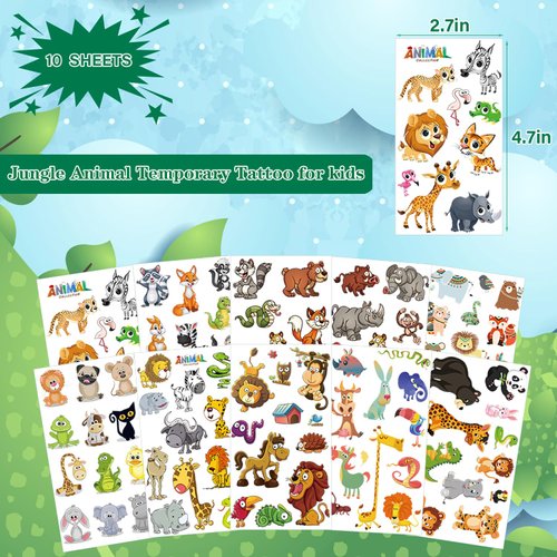 UVUXO Jungle Animal Temporary Tattoos for kids - 10 Sheets Zoo Animal Temporary for Girls Boys, Animals Birthday Party Supplies for Kids