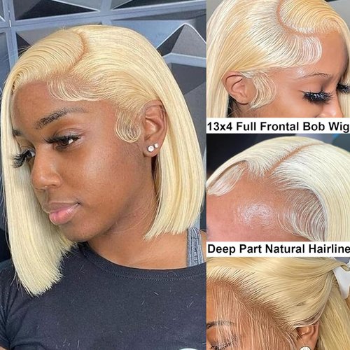 GIRLOFDREAMS 13x4 Blonde 613 Bob Wig Human Hair Straight Lace Front Wigs Glueless 180 Density Pre Plucked with Baby Hair Brazilian Remy Short Hair Transparent Lace Frontal Wigs for Black Women