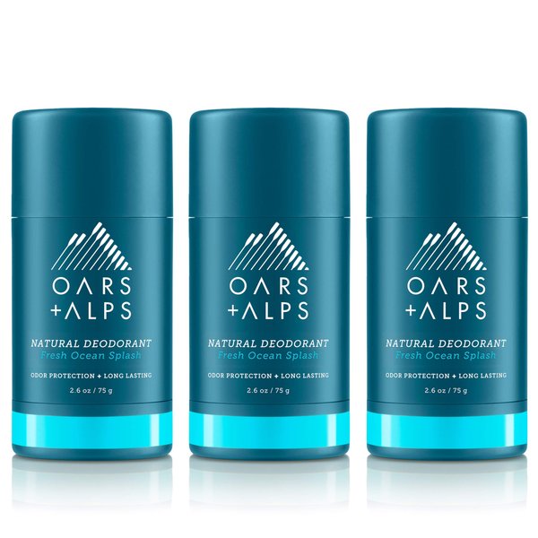 Oars + Alps Aluminum Free Deodorant for Men and Women, Dermatologist Tested and Made with Clean Ingredients, Travel Size, Fresh Ocean Splash, 3 Pack, 2.6 Oz Each