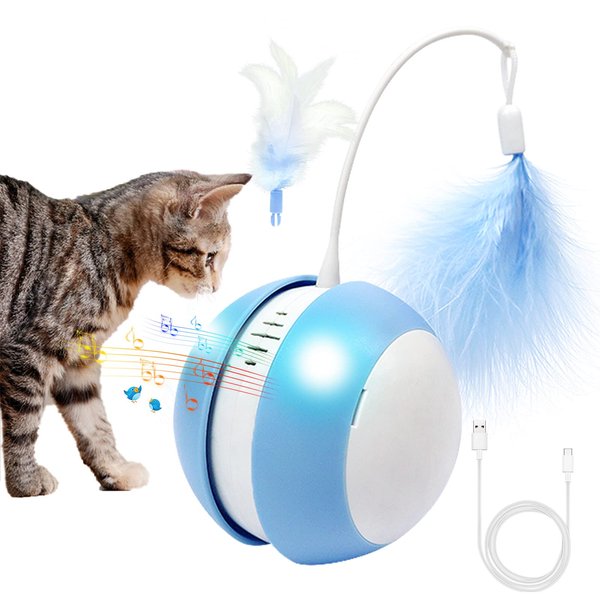 PAKEWAY Interactive Cat Ball Toy with Bird Sound & Led Light, Automatic Irregular 360°Rolling Cat Toy with USB Charging and 2PCS Feathers, Smart Moving Cat Toy Smart Gift for Indoor Kitten