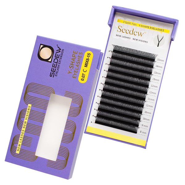 SEEDEW® YY 3 Split Tips Lash Extensions, Natural Lash Clusters, Y Shape Lash Tray, Soft Fluffy Curved Thicker More Time-Saving for Beginner Lash Artist Tech, Eyelash Salon(YYY-Black-0.07-C-MIX8-15mm)