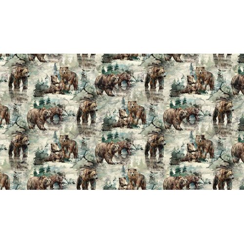 Northcott Northern Peaks DP25167 71 Cream Bear Scenic Print Fabric
