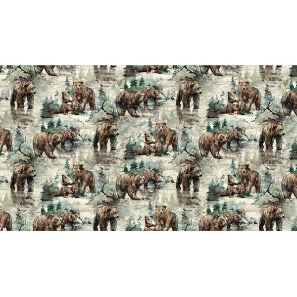 Northcott Northern Peaks DP25167 71 Cream Bear Scenic Print Fabric