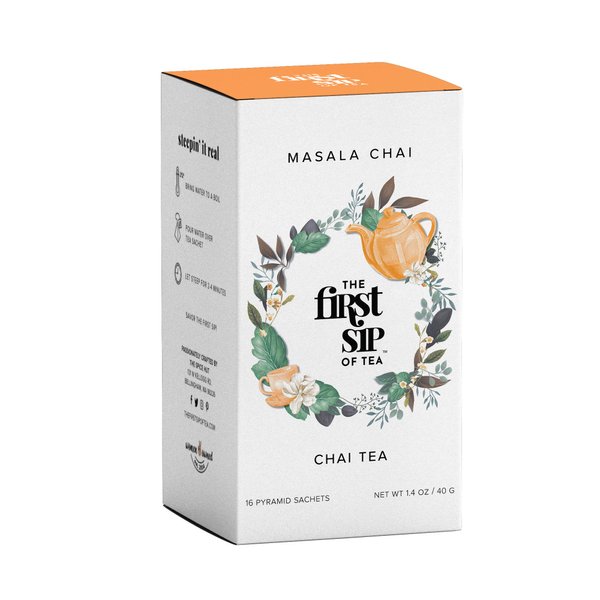 Masala Chai Tea Bags - Unsweetened Black Tea, High Caffeine, Traditional Indian Spiced Black Tea with Cardamom, Cinnamon, Fennel - 16 Cups | The Spice Hut, First Sip of Tea