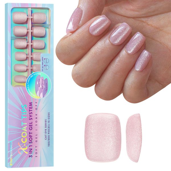 BTArtboxnails Cat Eye XCOATTIPS - Soft Gel Square Nail Tips, Pink Glitter Press On Nails Short, Soak Off Acrylic Fake Nails Glue On Nails In 15 Sizes - 150 Nail Extension Set, Get Sparkle
