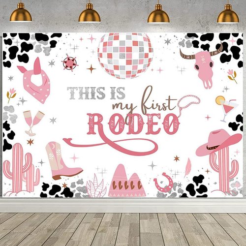 West Cowgirl Theme Birthday Party Background Wild West Party Supplies This is My First Rodeo Banner Girl Birthday Party Cow Print Pink Cactus Western Girls Party Decoration Supplies (6X4FT)