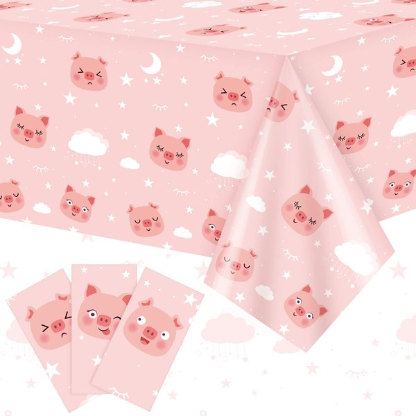 Tudomro 3 Pieces Pink Pig Tablecloth Pig Party Decoration Pig Table Cloths for Birthday Parties Cartoon Pig Rectangular Table Cover for Kitchen Party Birthday Dining Table Decorations, 54 x 108 Inch