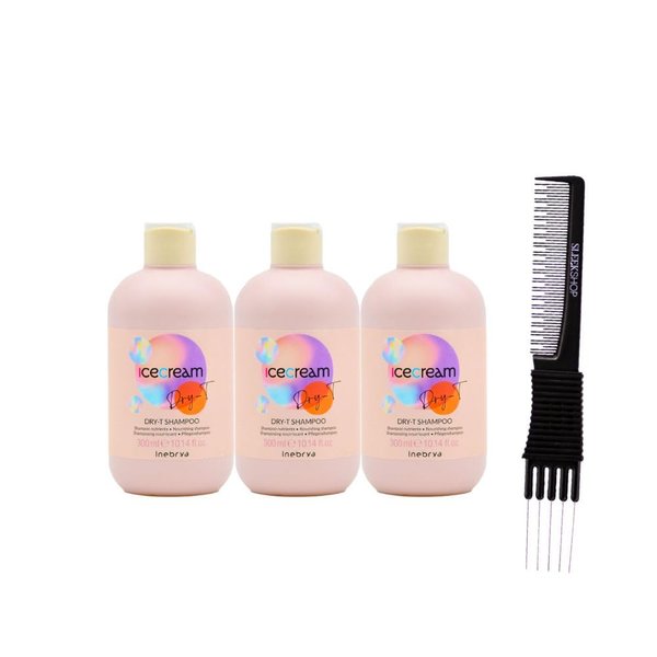 Inebrya Ice Cream Dry-T Shampoo (10.1 oz) with Teasing Comb Pack of 3