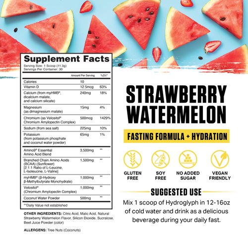Ambrosia Hydroglyph Intraworkout Formula w/BCAA + EAA + Electrolytes Hydration Powder to Protect Lean Muscle, 0g Sugar Fasting Hydration Drink Mix, Made w/Coconut Water (Strawberry Watermelon)