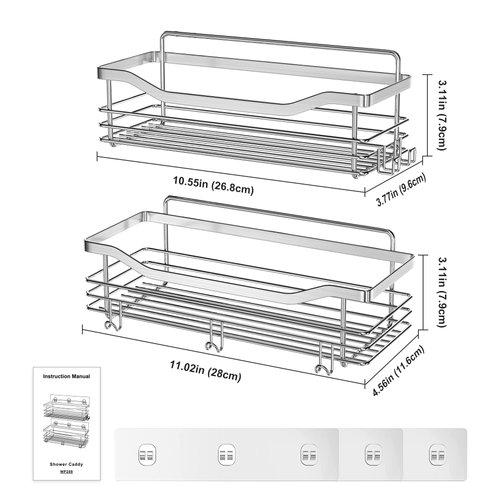 Orimade Shower Caddy Basket Shelf Storage Rack Pack of 2, No Drilling Wall Mounted Adhesive Rust Proof Stainless Steel Shower Organizer with 5 Hooks for Bathroom, Toilet, Kitchen