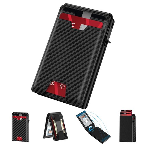 typecase Mens Wallet Card Holder: Pop Up Card Case, Genuine Leather, RFID Blocking, Smart, Slim, Minimalist, Thin - 13 Card Capacitiy, ID Window, Money Clip (Carbon Fiber)