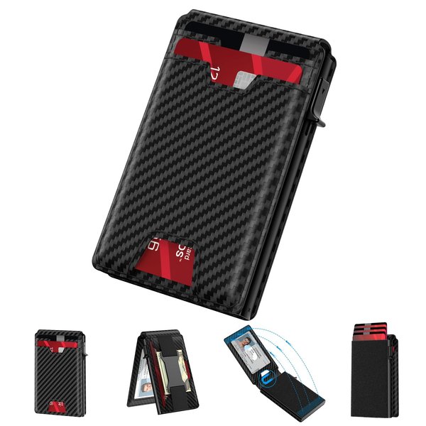 typecase Mens Wallet Card Holder: Pop Up Card Case, Genuine Leather, RFID Blocking, Smart, Slim, Minimalist, Thin - 13 Card Capacitiy, ID Window, Money Clip (Carbon Fiber)