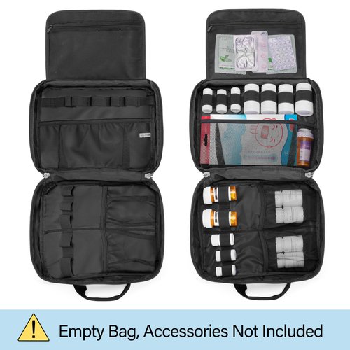 CURMIO Pill Bottle Organizer Portable Medicine Bag, Lockable Prescription Bottle Storage for Pill Bottles, Vitamins, Medical Supplements for Home Storage and Travel, Red (Empty Medicine Bag)