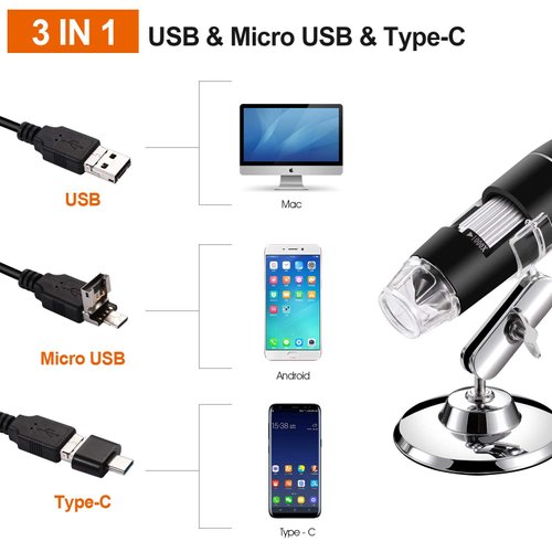 Bysameyee USB Digital Microscope 40X to 1000X, 8 LED Magnification Endoscope Camera with Carrying Case & Metal Stand, Compatible for Android Windows 7 8 10 11 Linux Mac