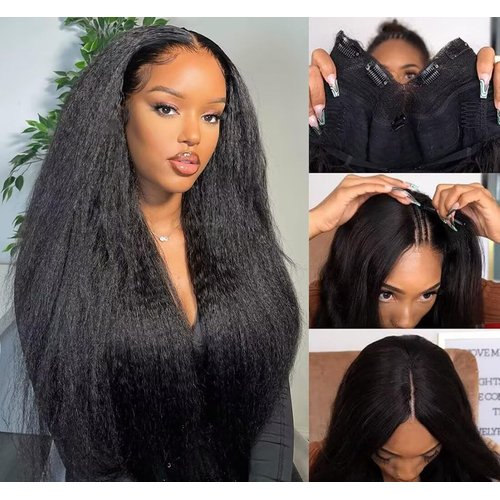 V Part Wig Human Hair 180% Density Upgrade U Part Human Hair Wigs For Women Kinky Straight Human Hair Wig Full Head Clip In Half Wigs 18 Inch Yaki V Wigs Natural Color