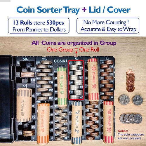 CO5IN1 Coin Sort Tray Coin Counter with Lid for All Coins, Dispenser for Counting, Accurate & Easy to Wrap, Change Sorter Coin Organizer & Holder, Ideal for Bank Teller, Small Business, Home & Office