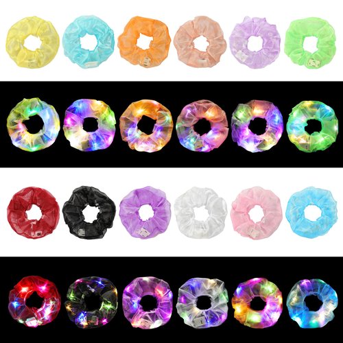 12PCS LED Scrunchies, Led Glow Hair Bands with Premium Gift Bag, Light Up Hair Scrunchy for Women, Colorful Meteor Yarn Hair Tie 3 Light Modes, Glow in the Dark Hair Accessories for Neon Glow Party