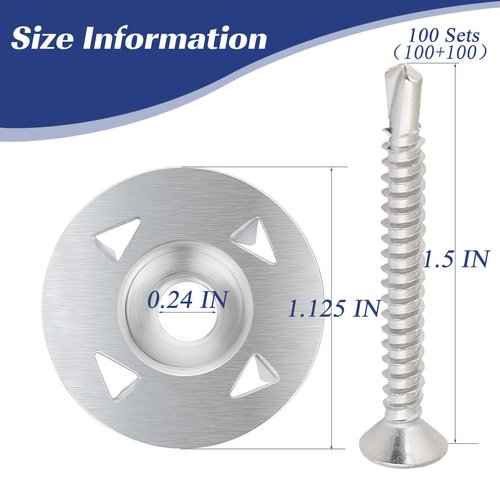 200Pcs Fastener Kit Board Hardware Set for Foam Board,100Pcs 1-1/8 Inch Galvanized Steel Washers for Installation and 100Pcs Stainless Steel Screws for Fastening