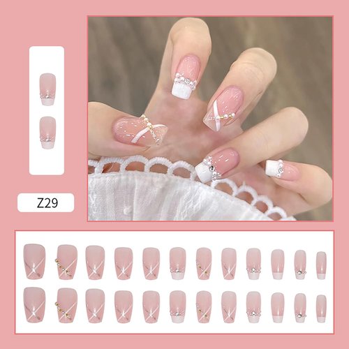 Press on Nails Square Medium French Tips 24Pcs Glossy Full Cover Artificial Pearl Fake Nails with Line Designs Reusable Coffin Acrylic False Nails Glue Stick on Fingernails with Charm for Women