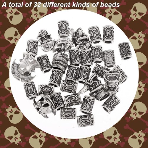 PIAOPIAONIU 32 PCS Viking Skull Head Beard Beads Hair Beard Beads for Man/Woman,Braiding Beads Beard Viking Rune Beads for Hair Decoration,DIY Viking Bracelets Pendant Necklace